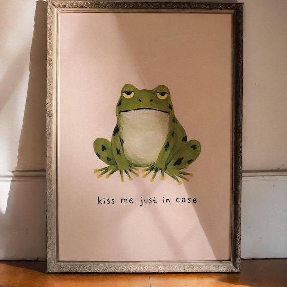 Grumpy Green Frog Kiss Me Just in Case Funny Love Quote Art Print