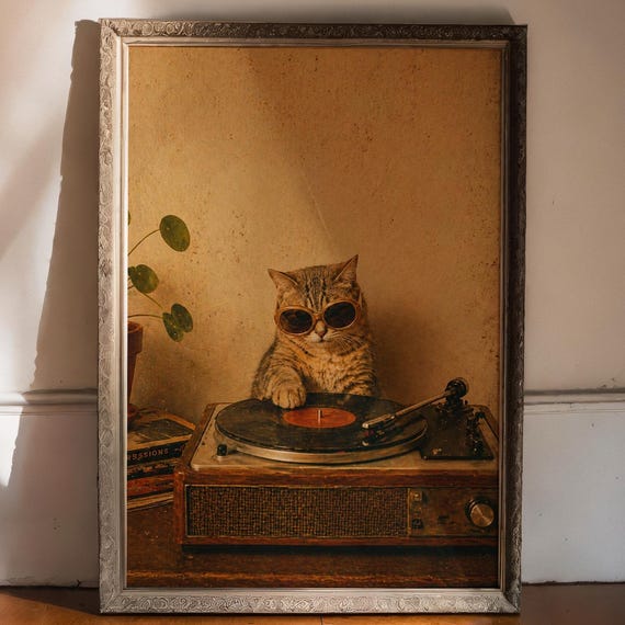 Dj Cat Vinyl Poster Retro Turntable Music Wall Art Digital Download