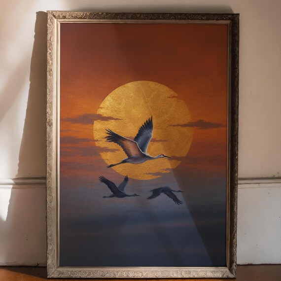 Graceful Cranes Flying Across A Golden Sunset Moon Print Japanese Bird Poster