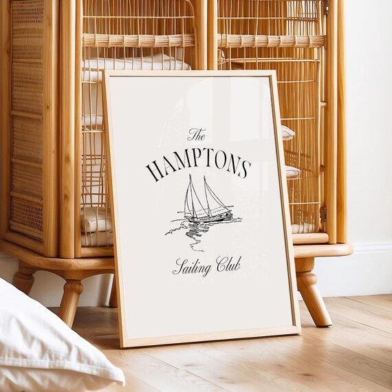 The Hamptons Sailing Club Vintage Sailboat Sketch Coastal Poster