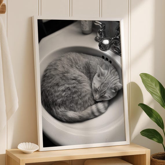 Funny Cat Sleeping In Sink Bathroom Photography Print