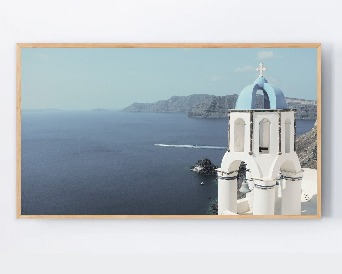 Santorini Blue Dome Church Over Aegean Sea Caldera View Poster