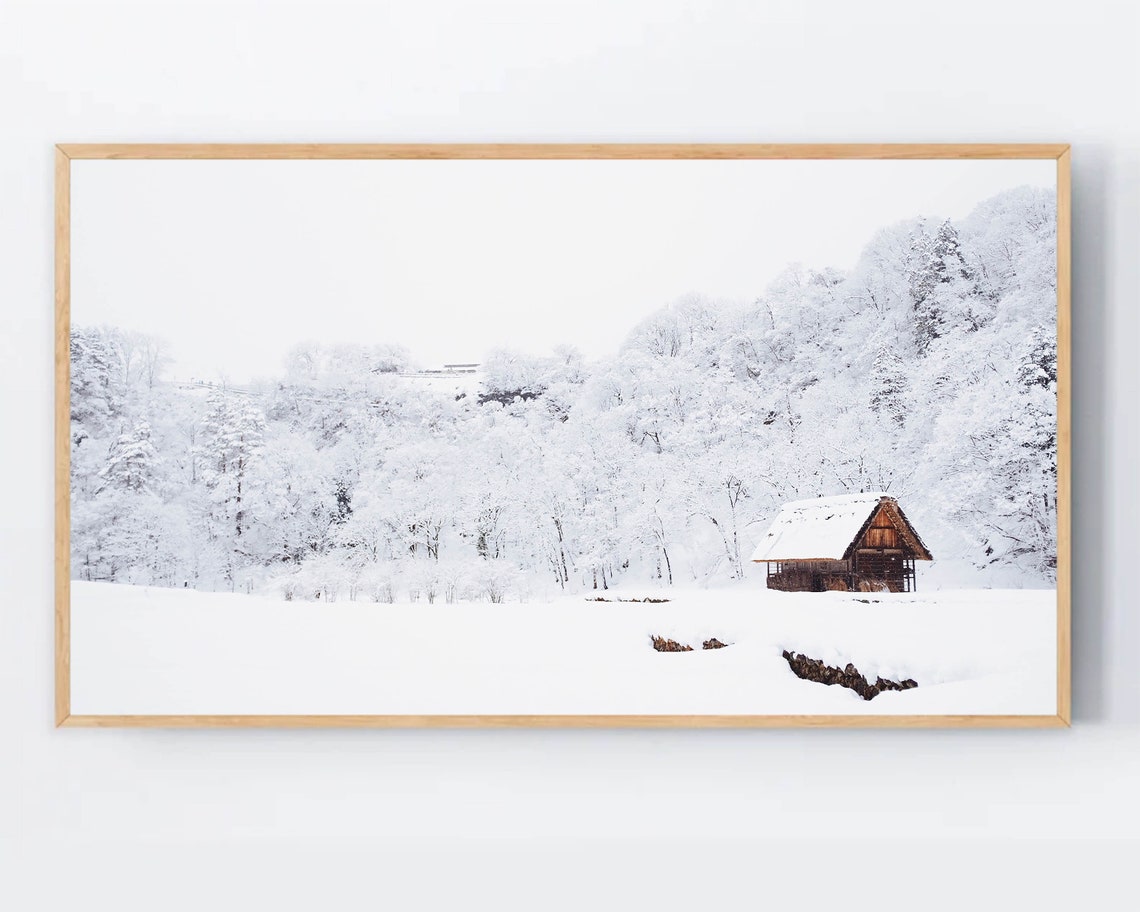 Snowy Log Cabin in White Forest Winter Landscape Photo Poster