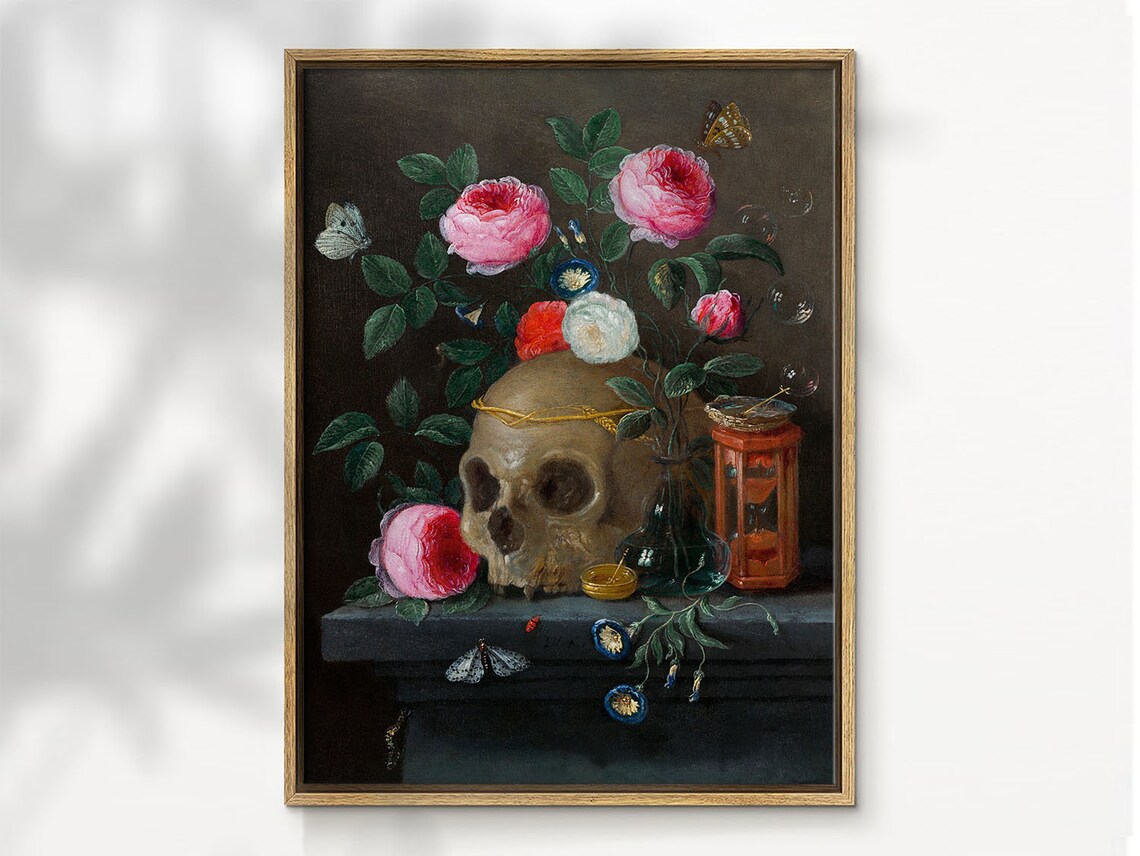 Skull With Roses Vanitas Dark Academia Floral Oil Painting Poster