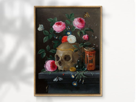 Dark Academia Wall Art Skull And Flowers Print Gothic Style Vintage Oil Painting Goth Poster