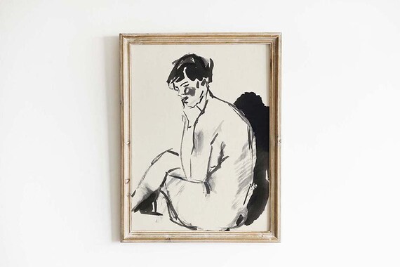 Seated Woman Ink Figure Study Expressive Black Line Sketch Gallery Art Poster