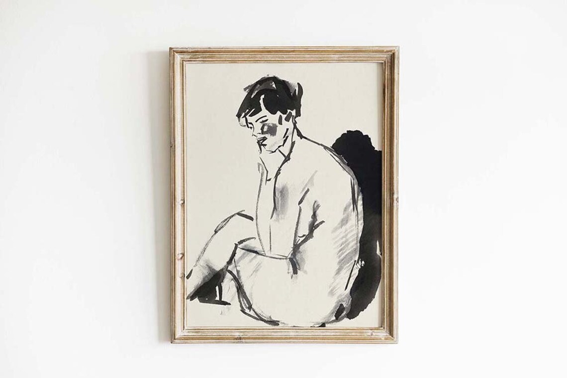 Seated Woman Ink Figure Study Expressive Black Line Sketch Gallery Art Poster