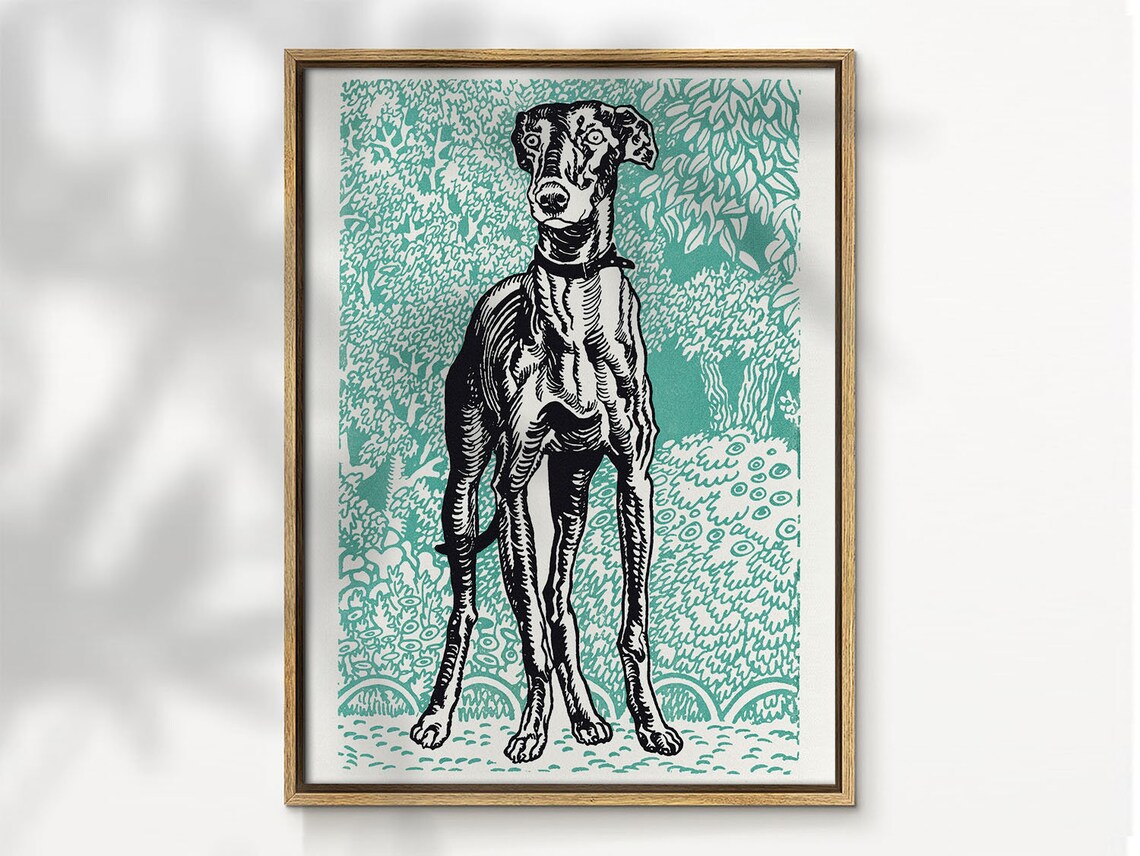 Vintage Greyhound Dog Black Ink Illustration Turquoise Art Poster