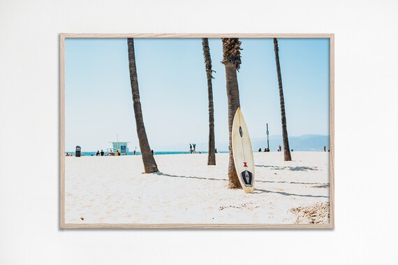 Surfboard Against Palm Trees Sunny Sandy Beach Photography Poster