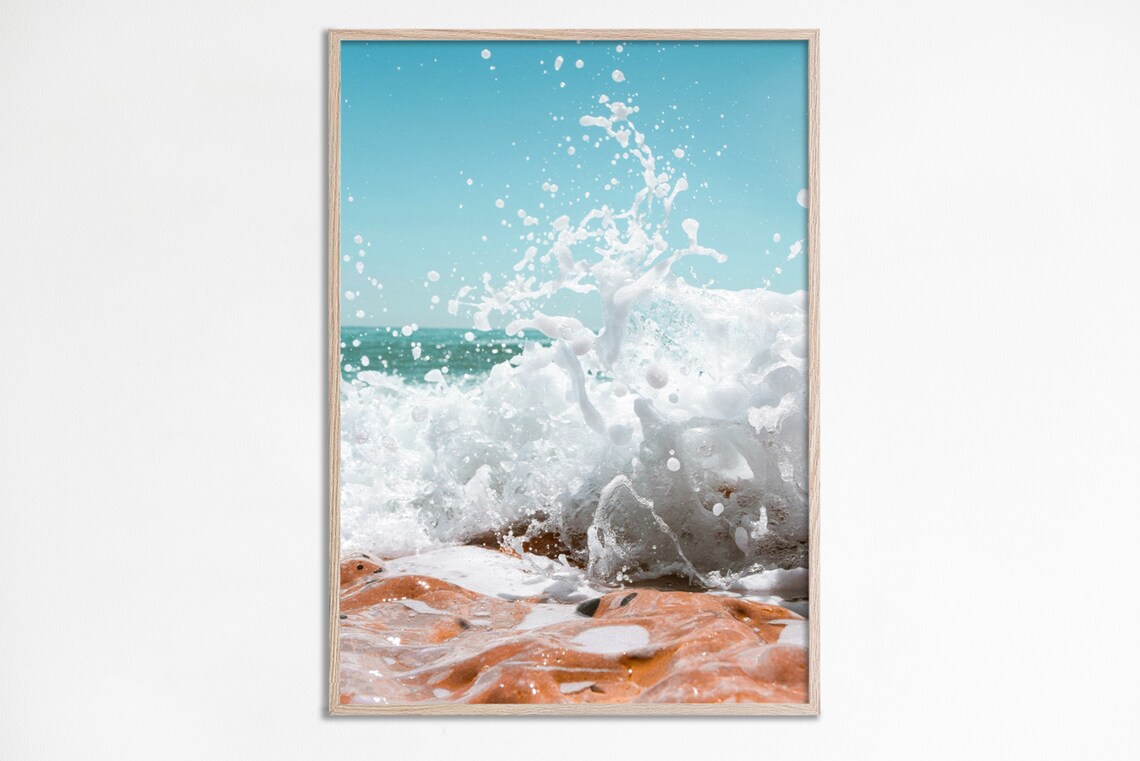Ocean Wave Splash Photo White Foam Crashing Turquoise Rocks Sea Print