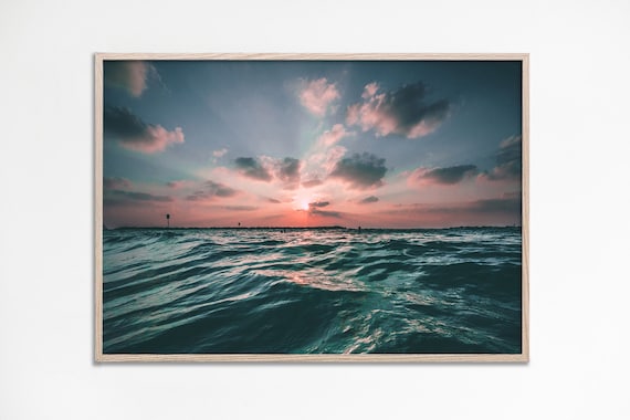 Teal Ocean Waves Pink Sunset Coastal Beach Photography Poster