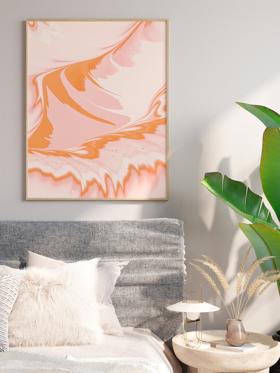 Peach Orange Marbled Swirl Fluid Motion Soft Abstract Wall Art - Image 2