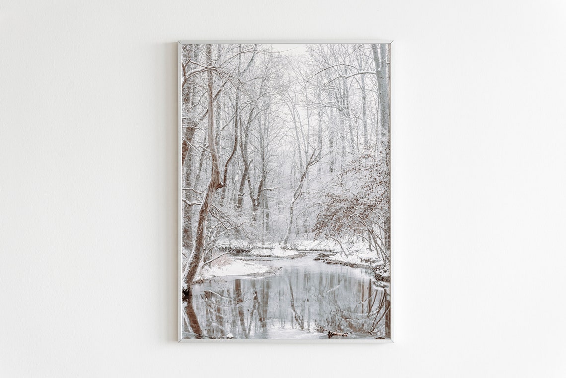 Snowy Forest Stream Winter Reflection White Woods Photo Art Poster - Image 2