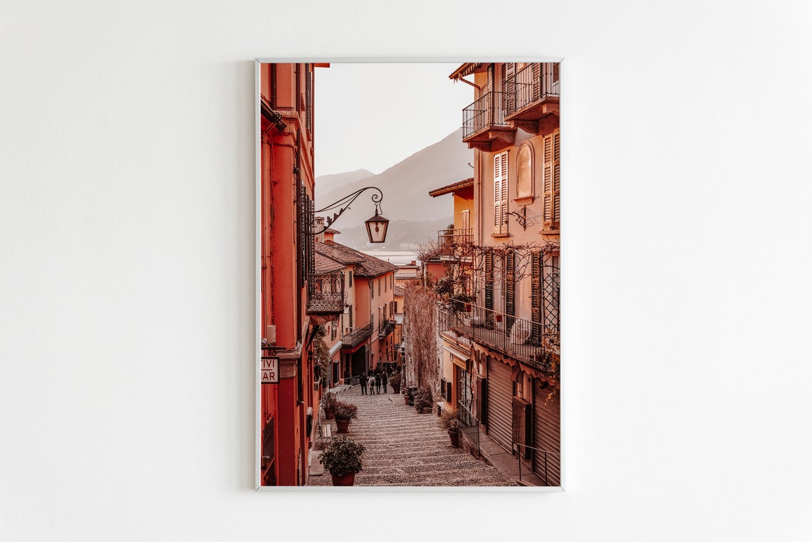 Lake Como Italy Red Buildings Cobbled Lane Mountain View Wall Print - Image 2
