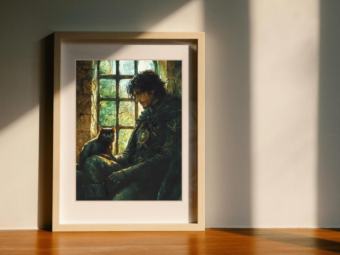 Medieval Knight With Black Cat In Castle Window Dark Academia Poster - Image 6