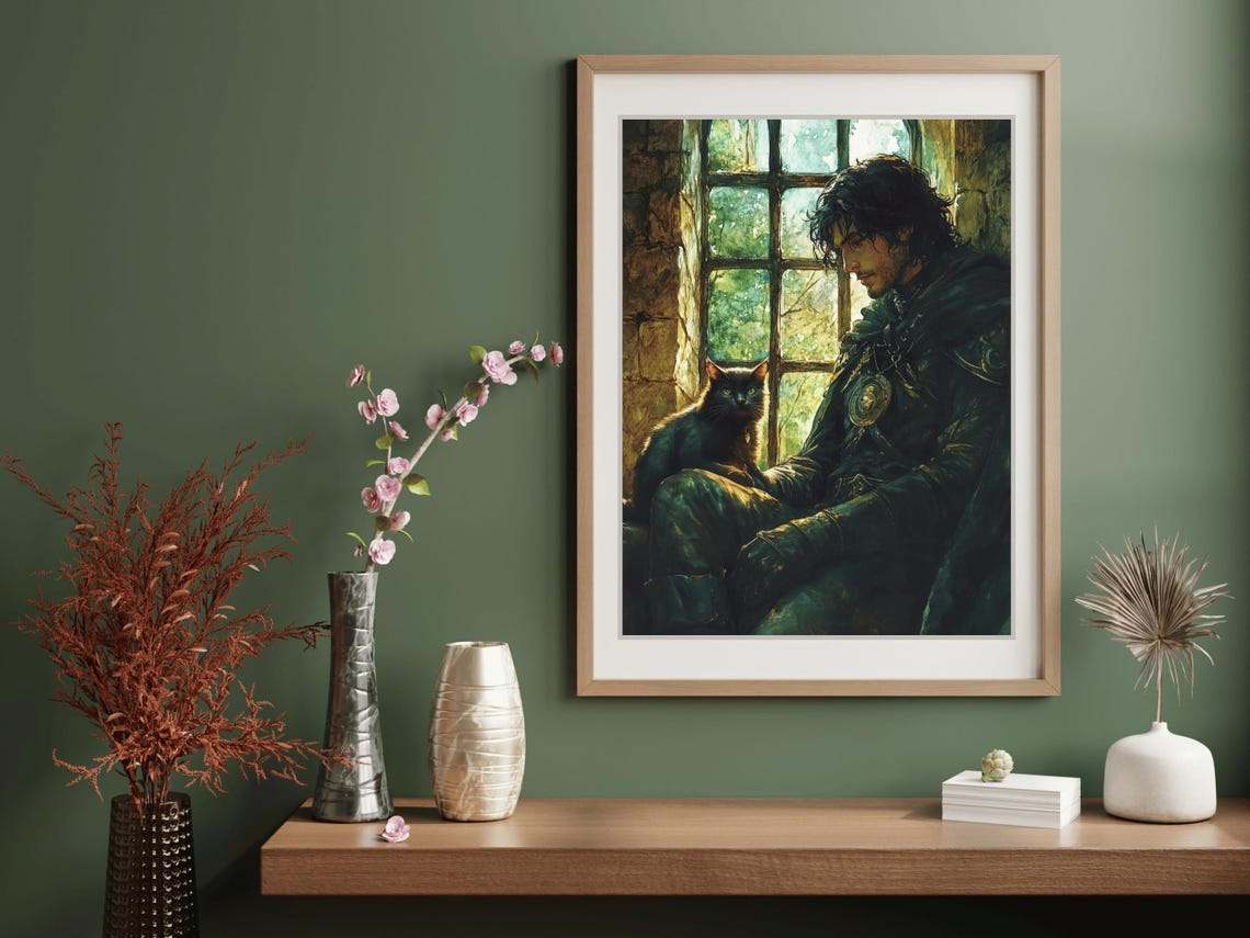 Medieval Knight With Black Cat In Castle Window Dark Academia Poster - Image 4