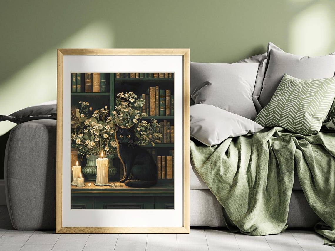 Black Cat In Candlelit Library Among Flowers And Antique Books Poster - Image 5
