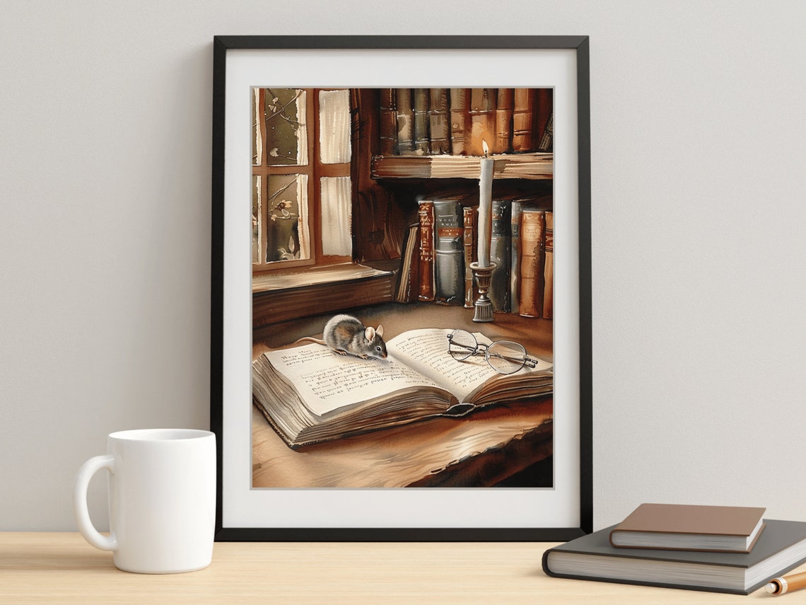 Cozy Mouse Reading An Open Book By Candlelight Book Nook Print - Image 2