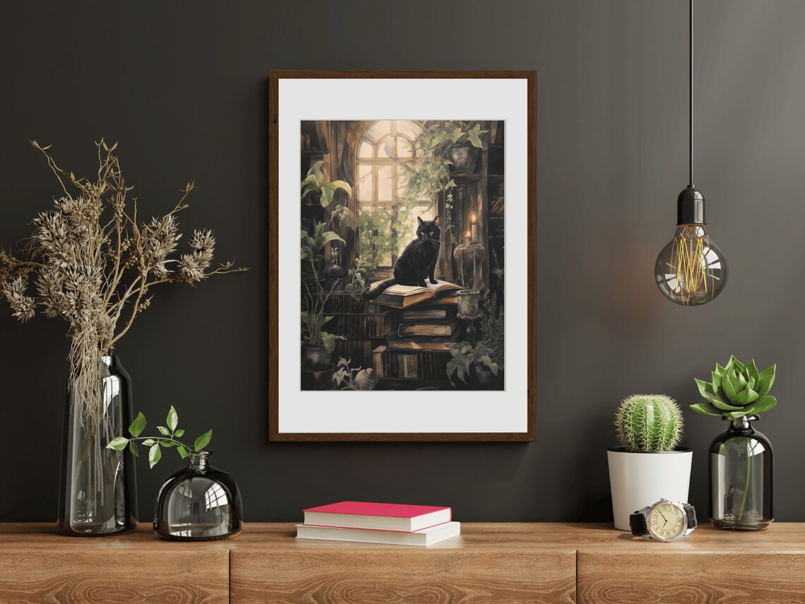 Black Cat Open Book Plant Filled Library Window Candle Cat Painting Poster - Image 4