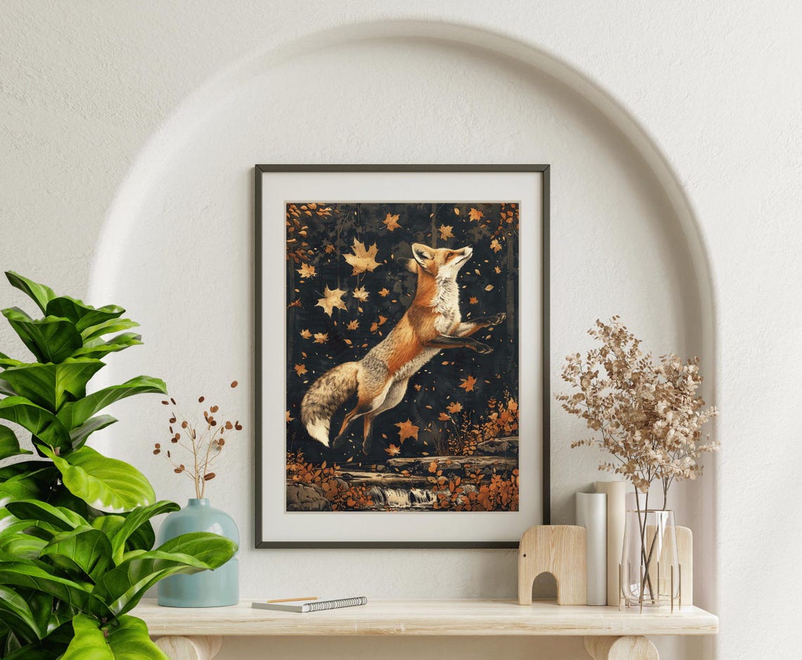 Red Fox Leaping Through Falling Autumn Leaves At Night Wall Art - Image 5