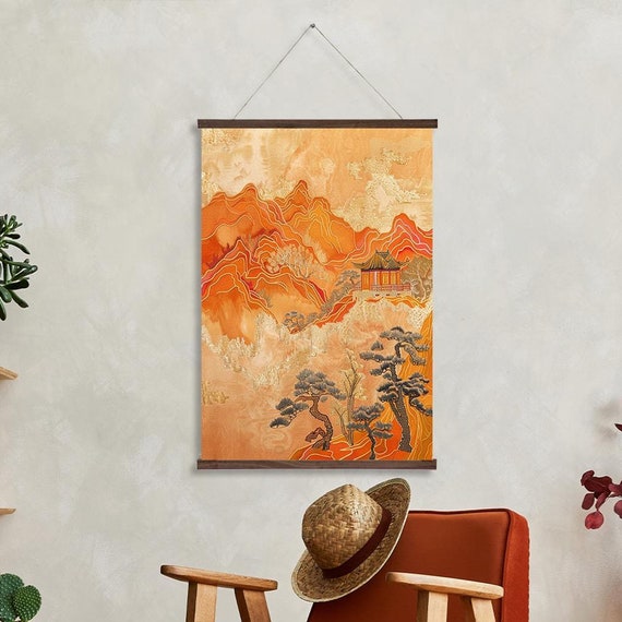 Golden Peaks Zen Temple Wall Hanging Oriental Landscape Japanese Mountain Wall Art Printed On Premium Real Walnut Wooden Hangers