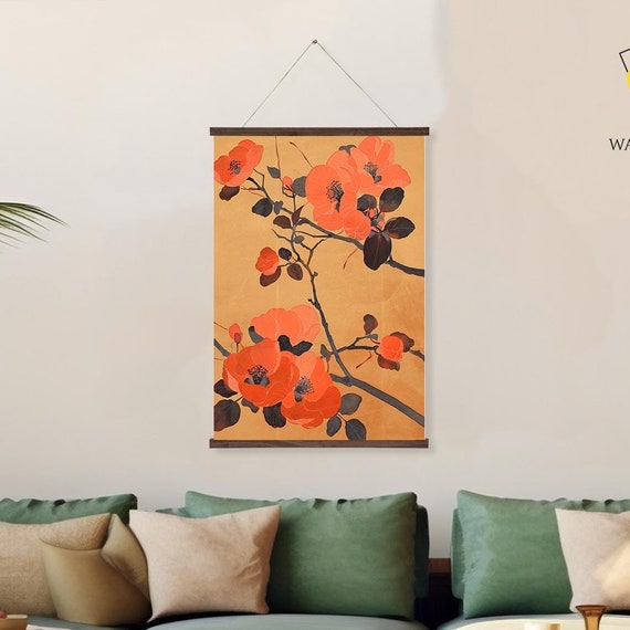 Bold Orange Floral Wall Hanging Japanese Inspired Botanical Art Home Decor Printed On Premium With Real Walnut Wooden Hangers