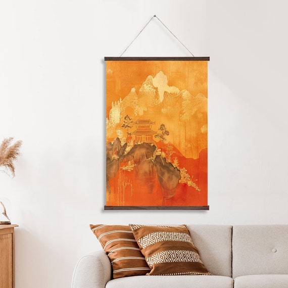 Golden Temple In The Mountains Wall Hanging Oriental Landscape Japanese Wall Art Printed On Premium Real Walnut Wooden Hangers