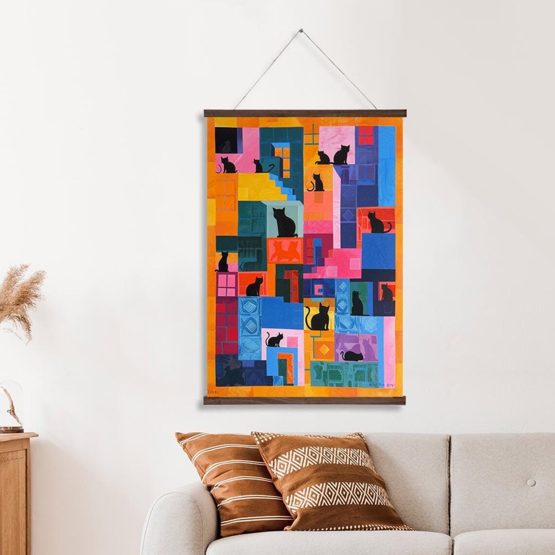Colorful Geometric Cat Silhouettes Abstract City Blocks Patchwork Poster