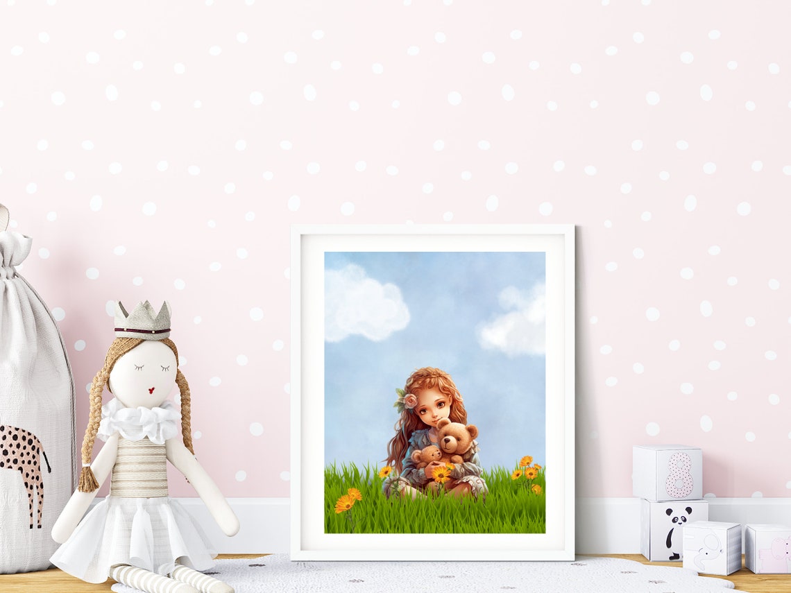Little Girl With Teddy Bear Art Print Girls Room Wall Decor Cute Girl And Teddy Bear Wall Art Nature Explorer Kids Room - Image 3