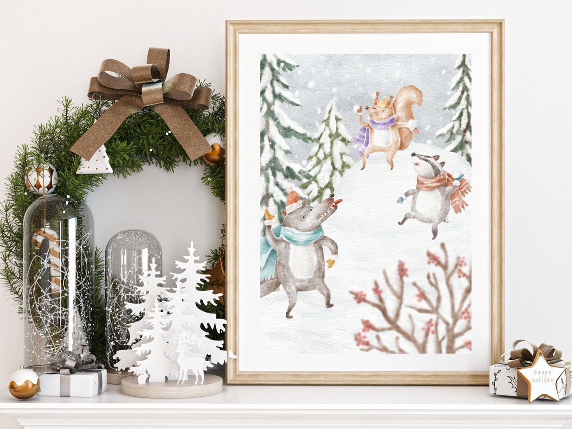 Woodland Animals Playing in a Snowy Forest Watercolor Poster - Image 3