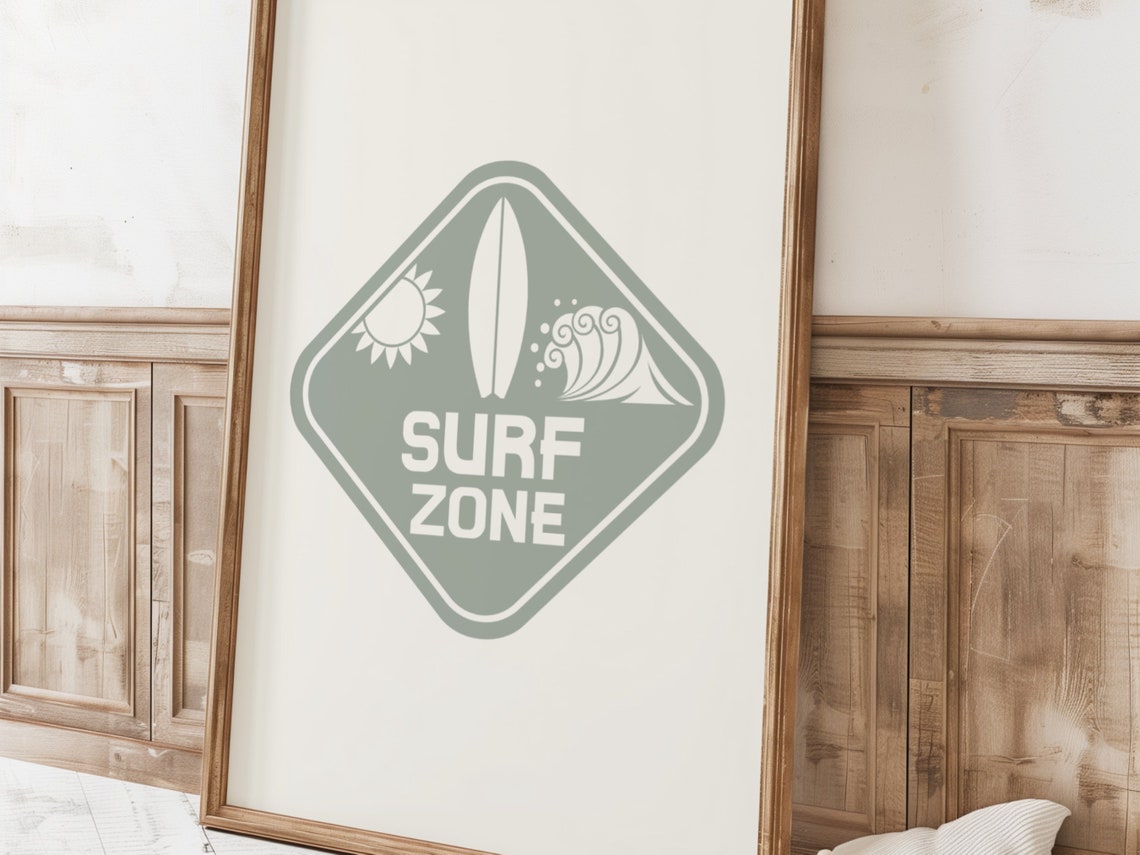 Sage Green Surf Zone Badge With Surfboard And Wave Coastal Poster - Image 4