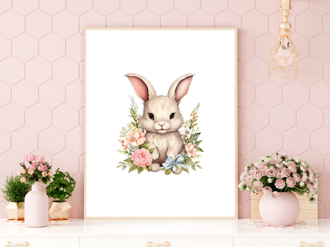 Easter Bunny Art Cute Bunny Nursery Decor Easter Spring Time Bunny Decor For Kids Room Girls Room Animal Art - Image 4