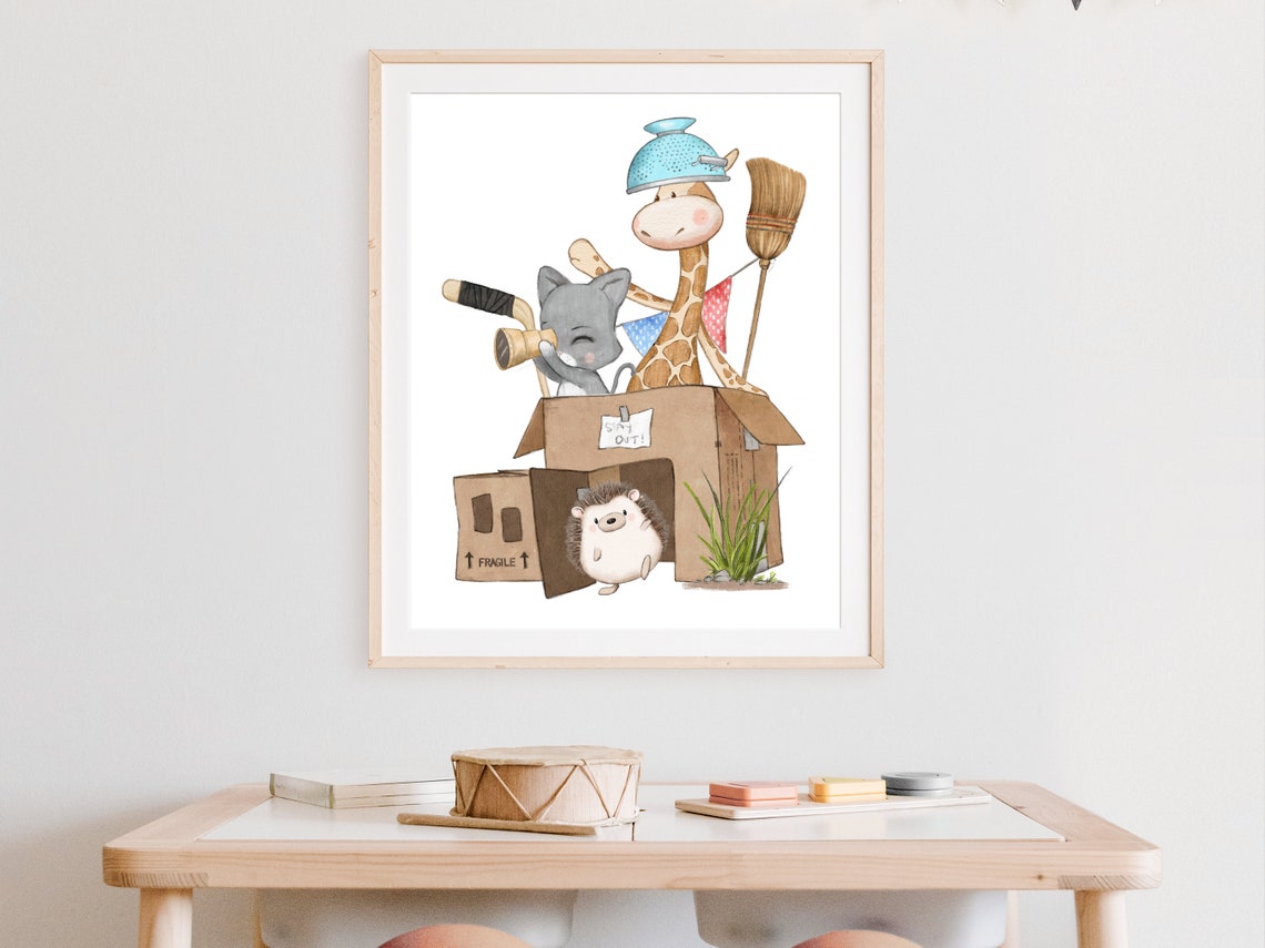 Giraffe And Kitten Building Cardboard Box Fort Watercolor Poster - Image 3