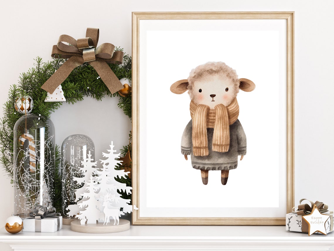 Cute Lamb Wearing Sweater And Scarf Watercolor Winter Nursery Poster - Image 2