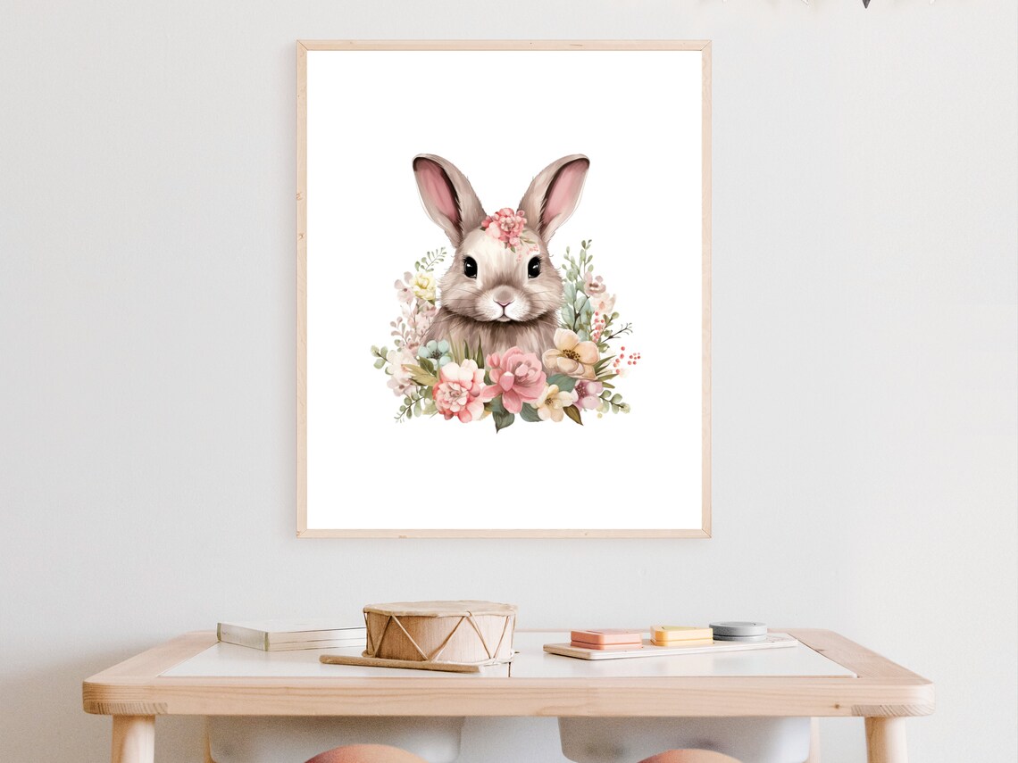 Cute Bunny Portrait Pink Floral Wreath Watercolor Nursery Art Poster - Image 2