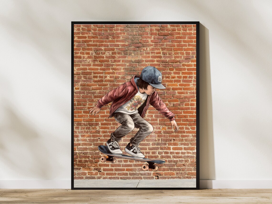 Skateboarder Kid in Front of a Brick Wall Sports Teen Room Poster - Image 4