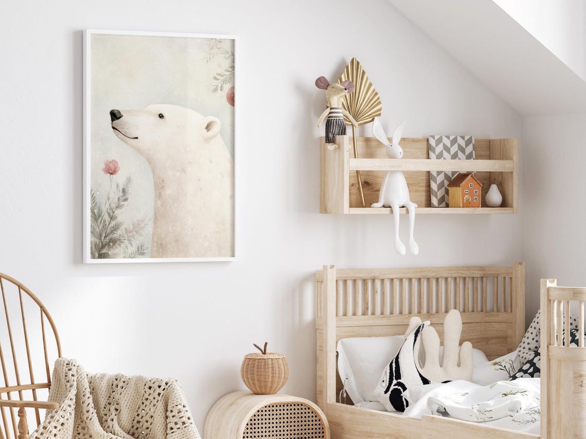Polar Bear Watercolor Winter Woodland Poster for Nursery Room Decor