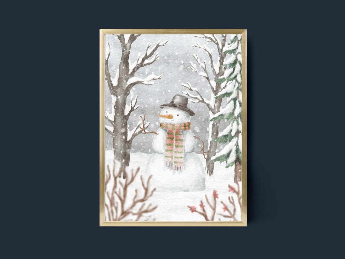 Cute Snowman Winter Wonderland Art Print, Watercolor - Image 4