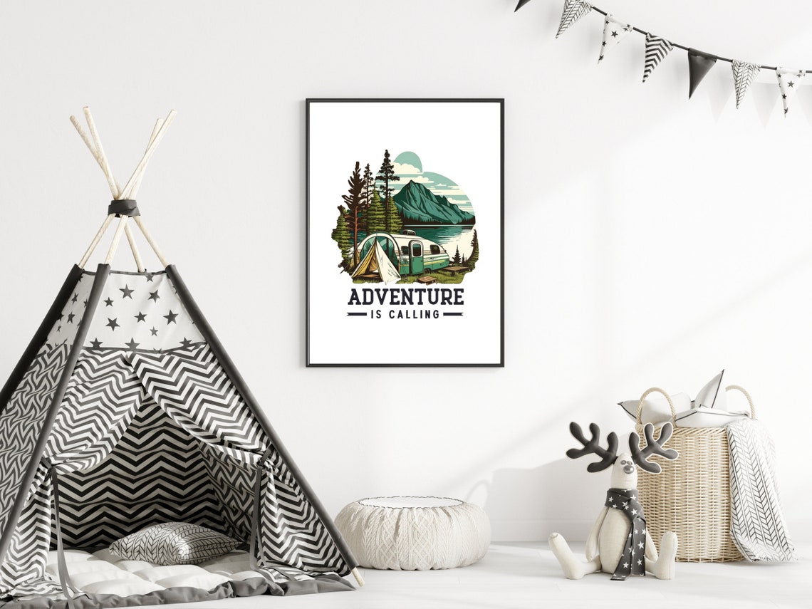 Adventure Is Calling Vintage Camping Trailer Lake Mountain Poster - Image 2