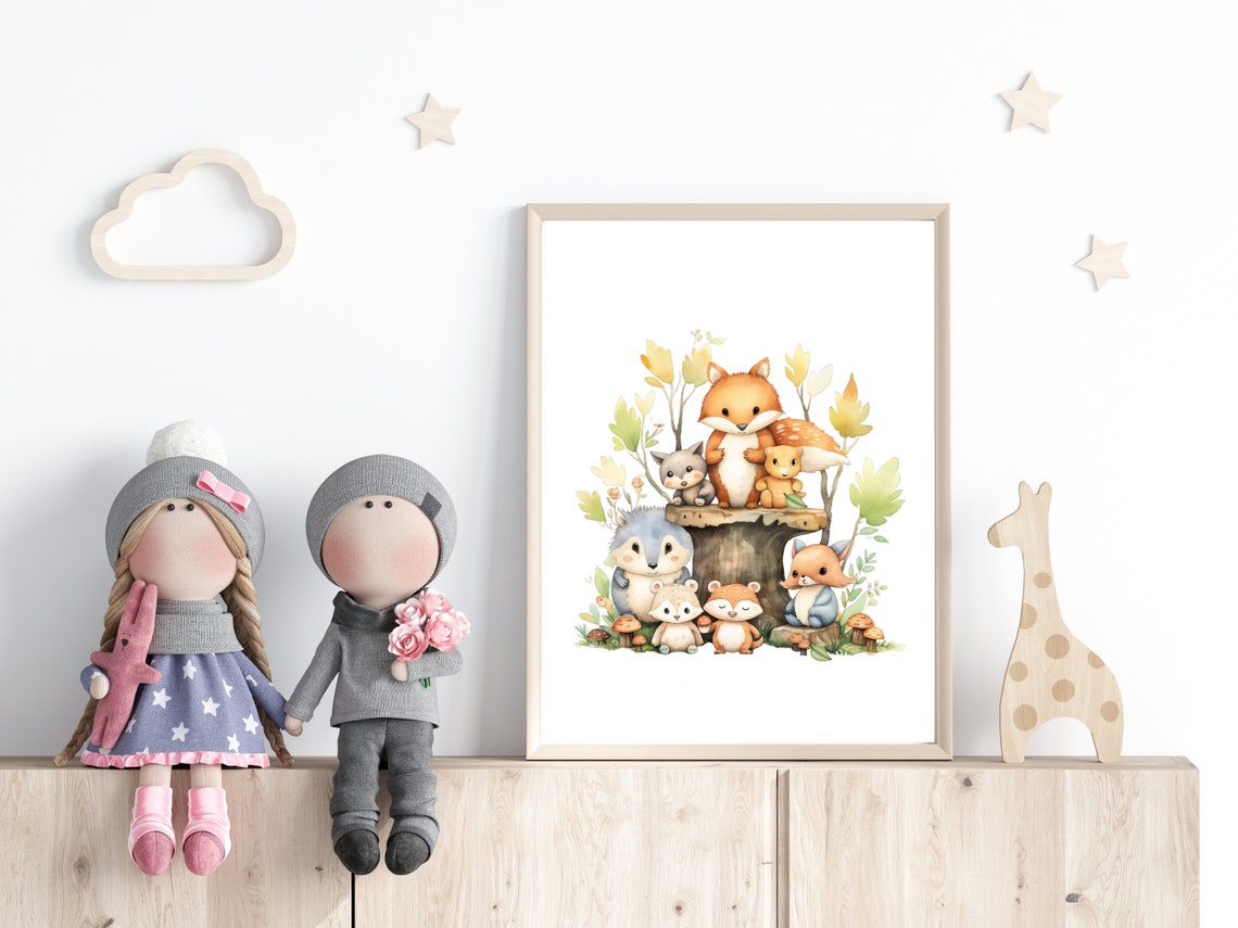 Woodland Forest Friends Nursery Wall Art Watercolour Cute Woodland Animal Print Gender Neutral Kids Room Wall Art - Image 2