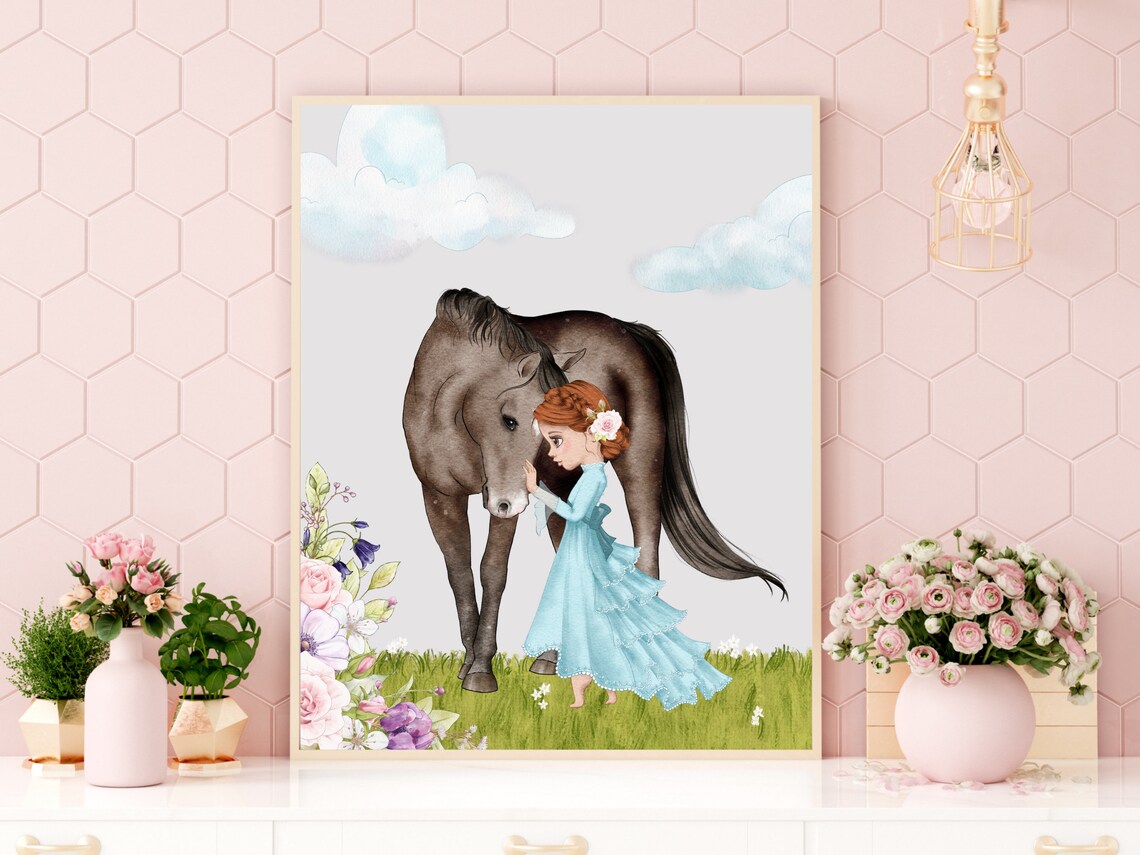 Red Hair Girl In Blue Dress Nuzzling Horse Watercolor Nursery Poster - Image 4