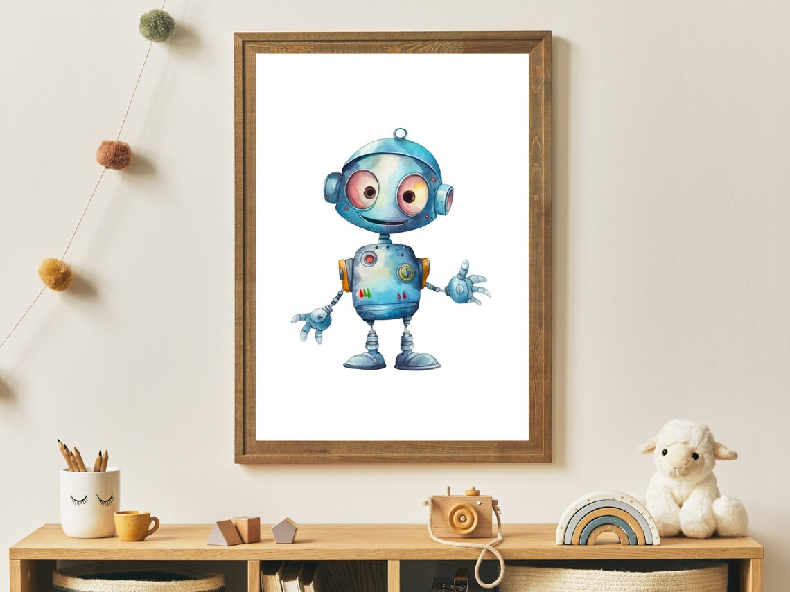 Cute Blue Robot Big Eyes Watercolor Nursery Boys Room Art Poster - Image 4