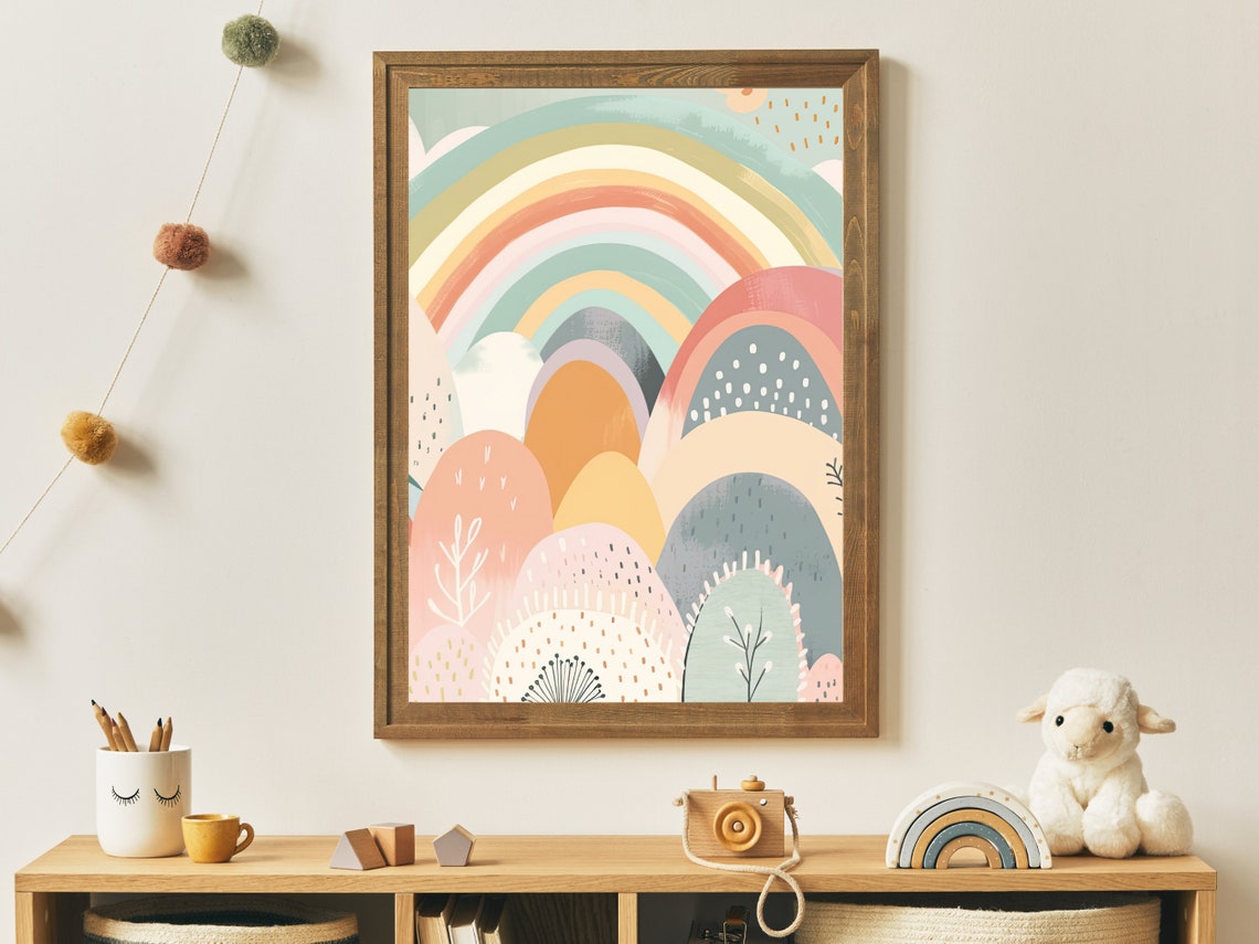 Pastel Rainbow Over Rolling Hills Modern Abstract Nursery Art Poster - Image 2