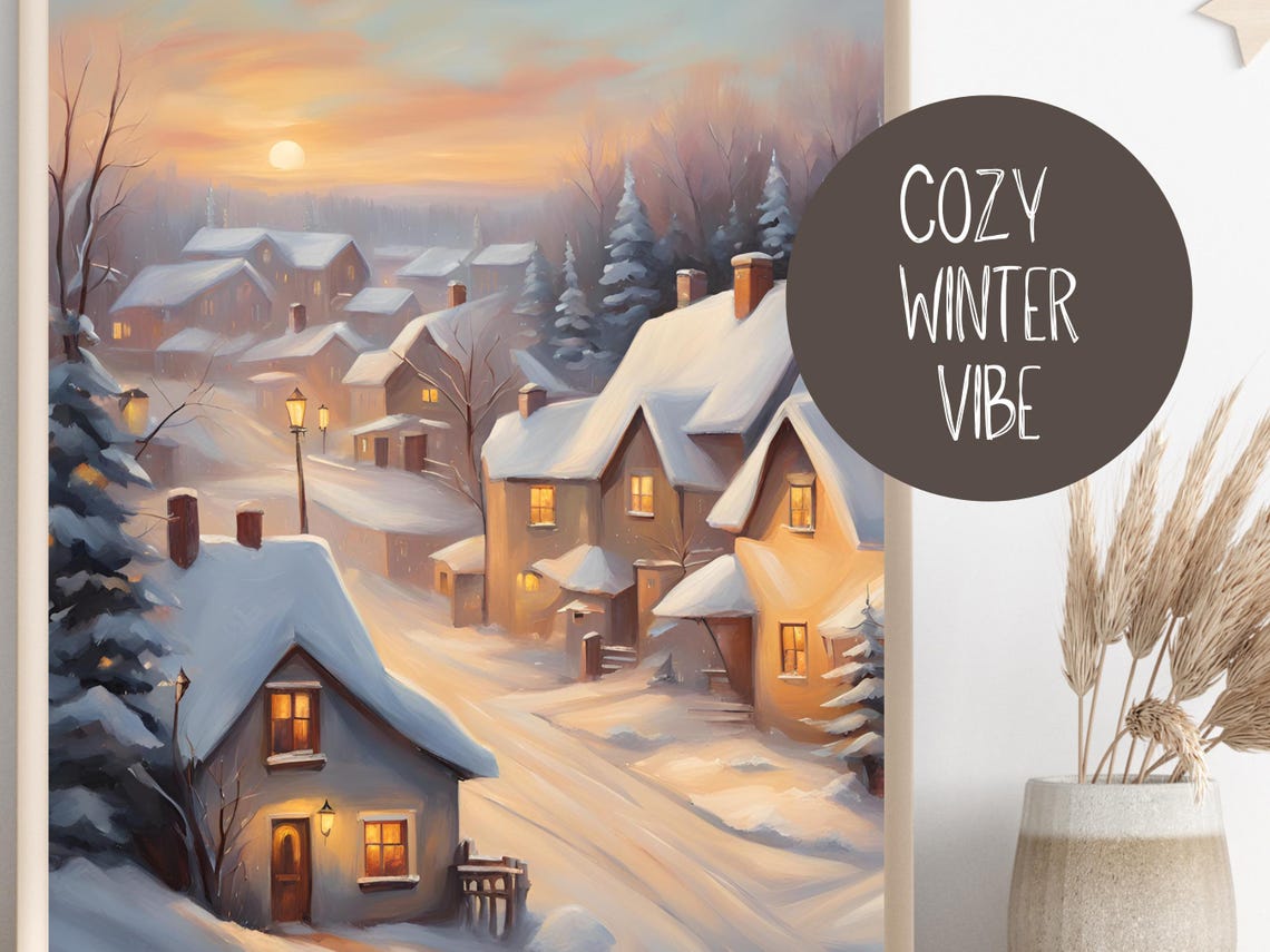 Snowy Village Sunset Painting Poster Cozy Winter Holiday Scene Decor - Image 2