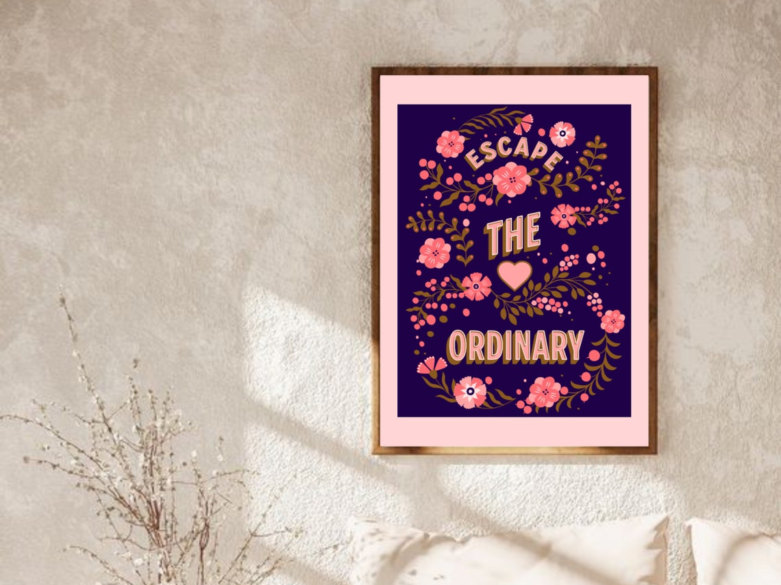 Escape the Ordinary Folk Floral Adventure Quote Poster in Navy - Image 4