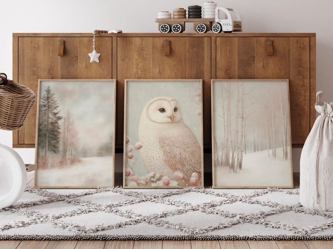White Barn Owl Among Pink Blossoms Soft Pastel Winter Nursery Poster - Image 4