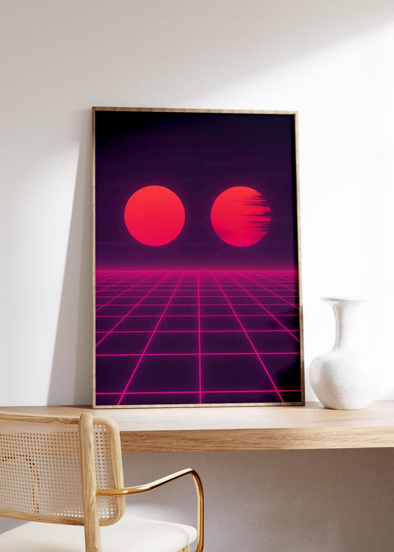 Twin Suns Grid Wall Art Print Vaporwave Sunset Red Glow Magenta Gridscape Retro Surrealism Synth Horizon Glitchcore Vibe