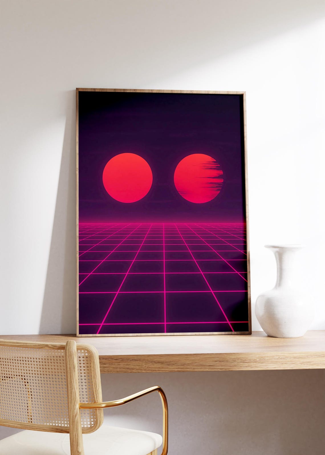 Twin Red Suns Over Pink Neon Grid Retro Vaporwave Sunset Poster