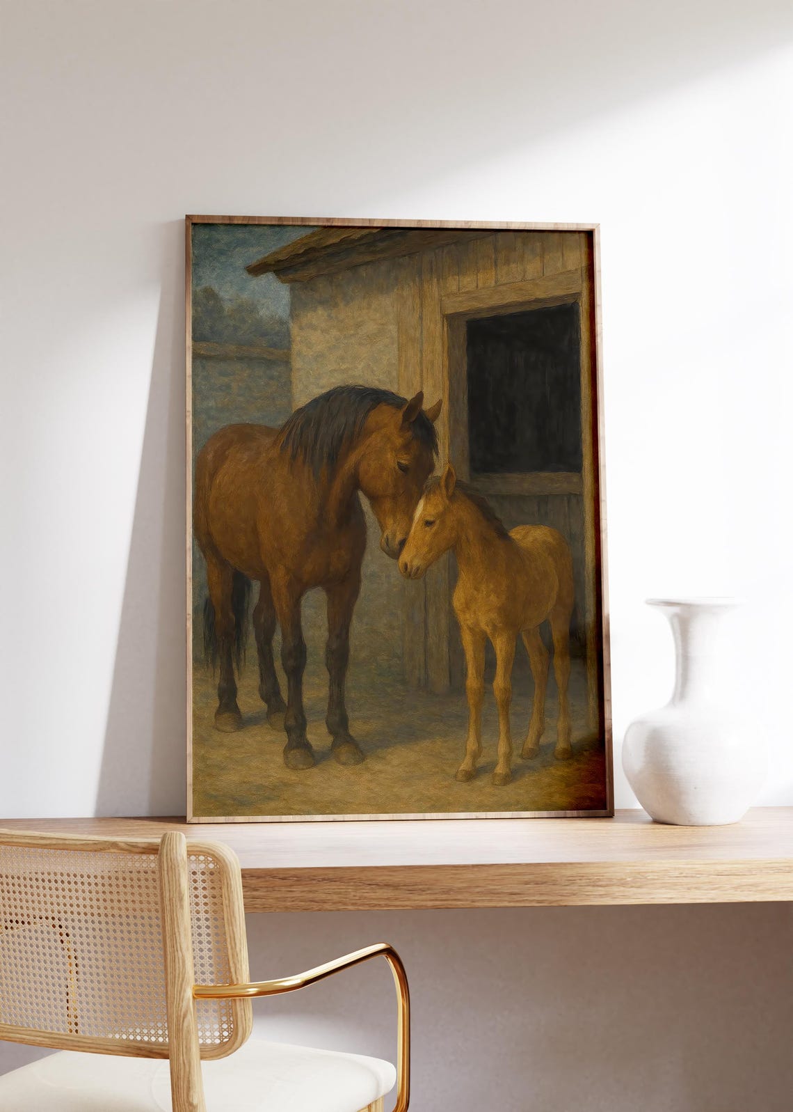 Chestnut Mare Nuzzling Foal Outside Vintage Stable Wall Poster