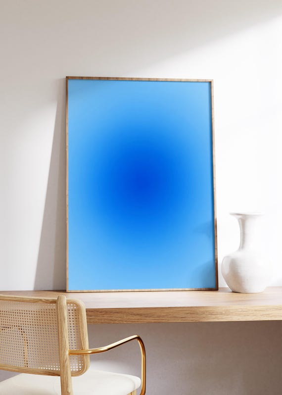 Cobalt Blue Gradient Wall Art Print Center Sky Fade Soft Radial Blend Cool Tones Minimalist Design Modern Calming Decor